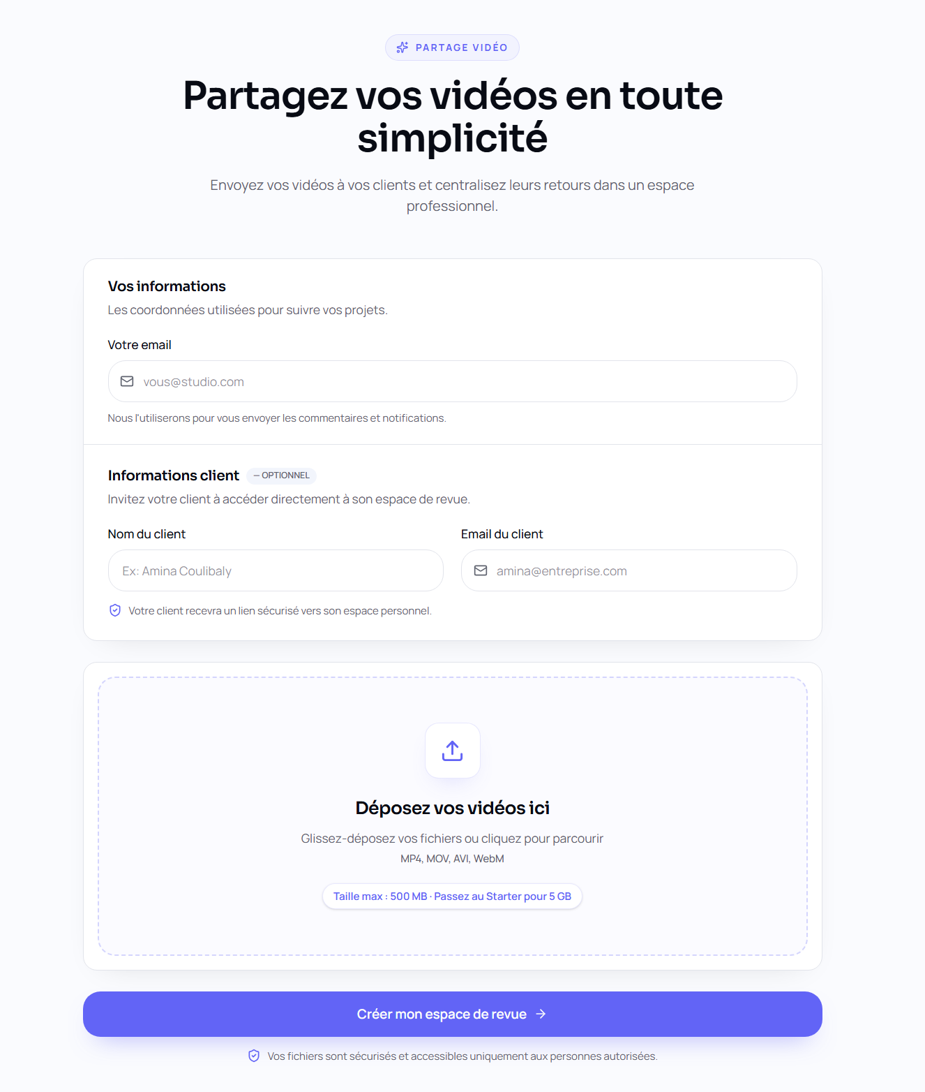 Création d'un espace de révision Pichas avec informations client et zone d'envoi vidéo