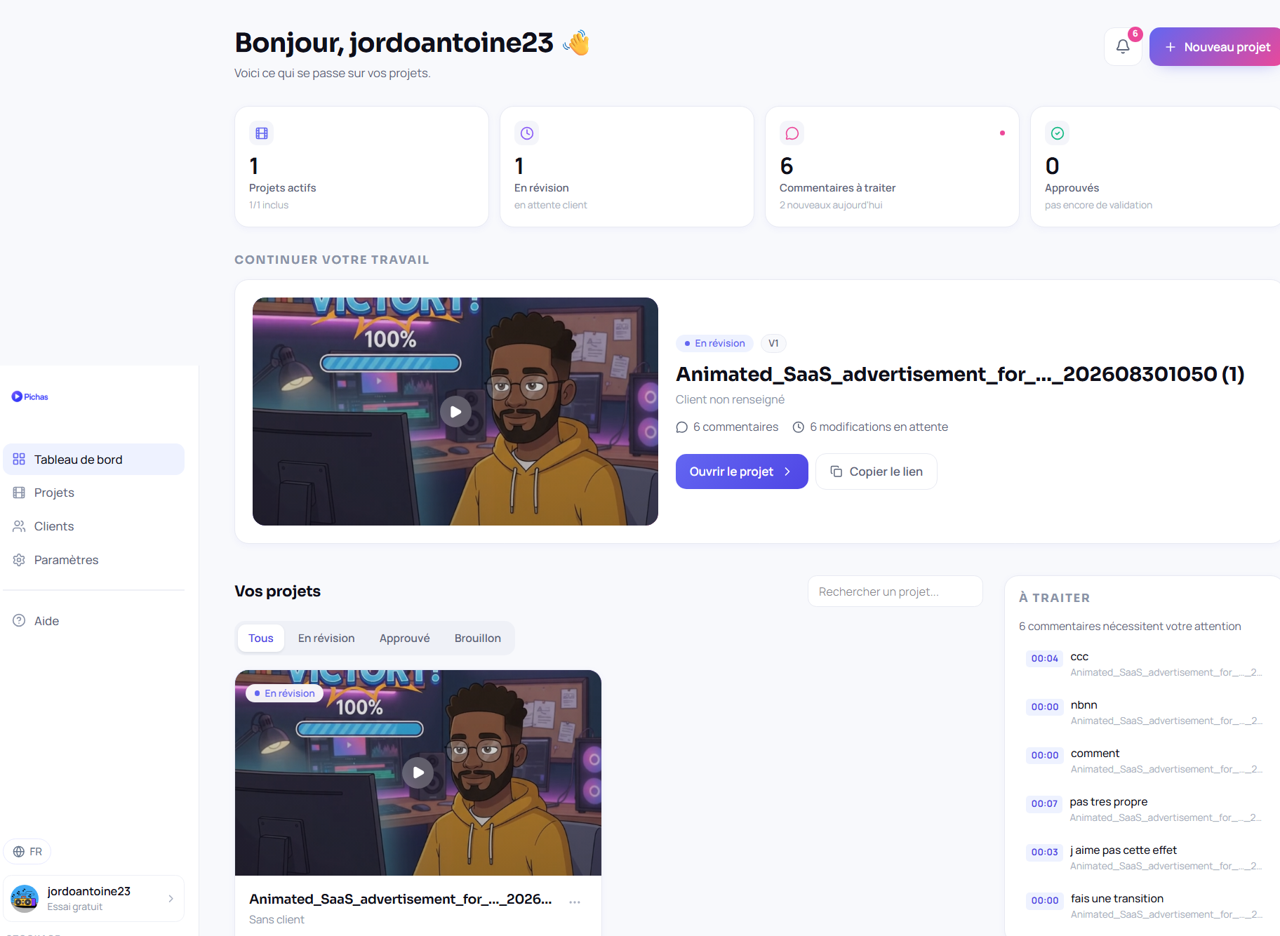 Tableau de bord Pichas avec projets, statuts et commentaires à traiter